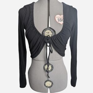 Black Ruched Tie-Front Long Sleeve Top | Y2K Club